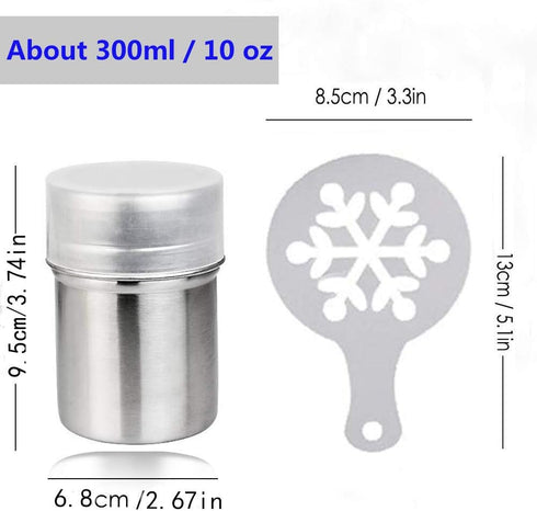 2 Pcs 10oz Stainless Steel Powder Shakers, TuNan Coffee Cocoa Cinnamon Dredges with Fine-Mesh Lid, Sugar Spice Seasoning Cans for Kitchen Cooking Baking Home Restaurant, with 16 Decorating Stencils by TuNan