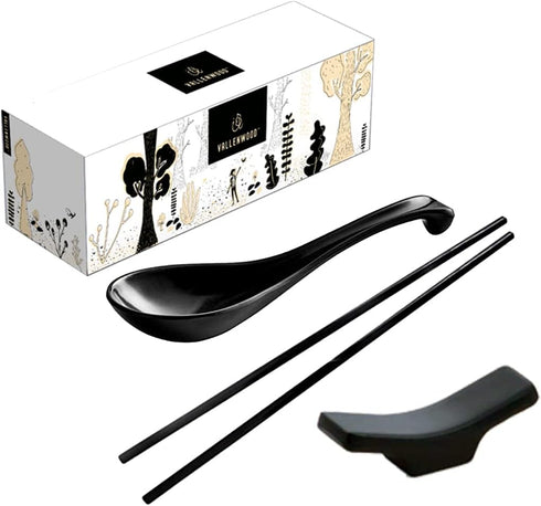 12 Pieces Ramen Set: 4 Black Spoons, 4 Chopsticks, 4 Stand Rest, Unbreakable Melamine for Japanese and Chinese Food