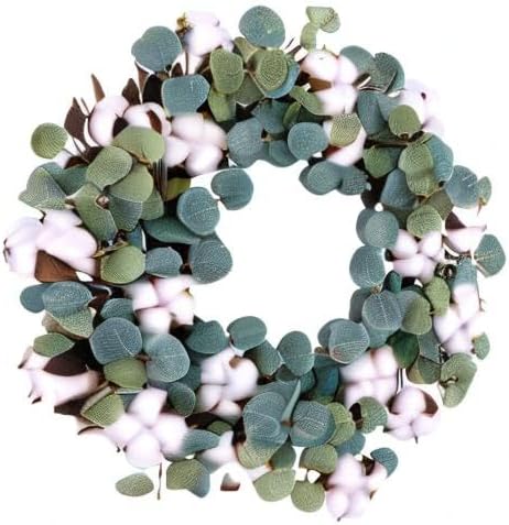 Idyllic Eucalyptus and Cotton Wreath, 14 Inches Artificial Decor for Farmhouse, Garden, Wedding, Natural Twig Base
