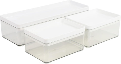 Martha Stewart Clear Plastic Stackable Storage Boxes - Grady with White Plastic Lids, Set of 3