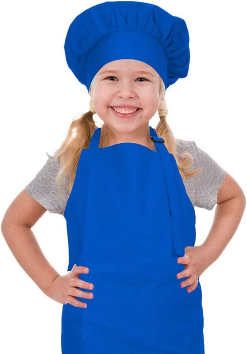 Kids Adjustable Cotton Apron and Chef Hat Set, Blue Kitchen Bib Aprons for Cooking Baking Painting