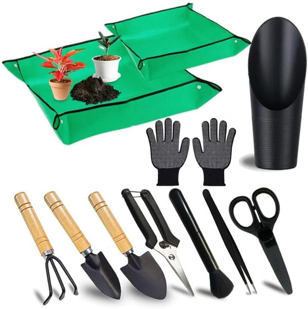 WNJ 2 PCS Waterproof Plant Repotting Mat, Foldable Indoor Potting Mats, 12 PCS Succulent Tool Set, Square Garden Tray,