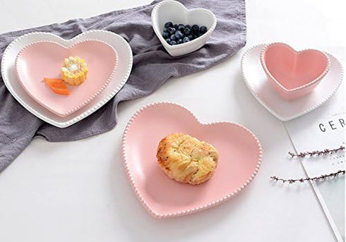Ceramic Heart-Shaped Pudding Bowl, Baked Soufflé Bowl, Dessert Oven Bowl, Creme Brulee Ramekin (Pink/White)