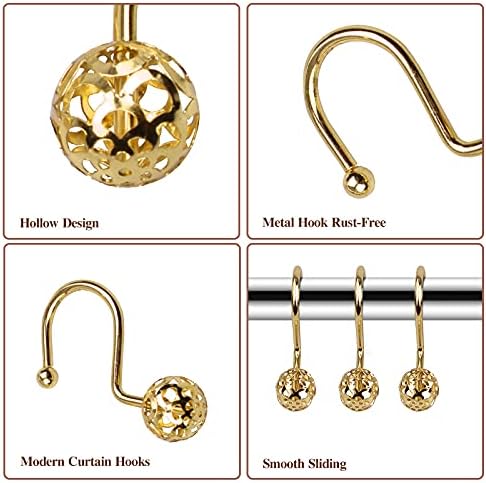 12Pcs Luxury Quality Hollow Ball Shower Curtain Hooks, Rustproof Stainless Steel Rings for Bathroom Rod (Gold)