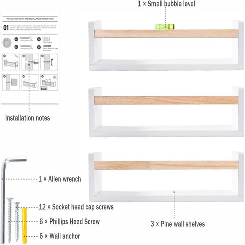 16 Inch Set 3, AZSKY Nursery Floating Shelves of White Wood Kids Wall Bookshelves & Book Organizer Ledge for Baby Room