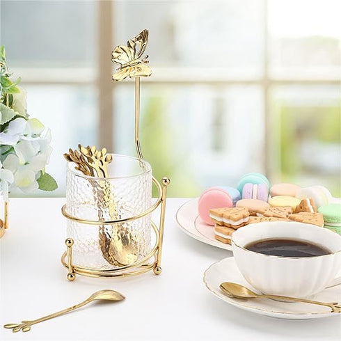 ELLDOO Coffee Spoon Set with 8 Gold Leaf Stainless Steel Spoons and Clear Glass Holder for Mixing