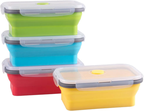 Set of 4 Collapsible Food Storage Containers with Airtight Lid, 27 oz, Kitchen Stacking Silicone Meal Prep Containers