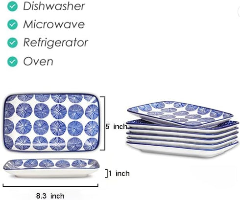 Selamica Ceramic 8 Inch Rectangular Salad Plates, Set of 6, Microwave/Oven/Dishwasher Safe Dinner Plates in Vintage Blue