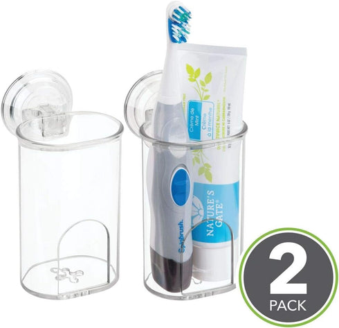 2 Pack mDesign Compact Plastic Suction Storage Center for Bathroom Organization of Toothbrushes, Electric Toothbrushes