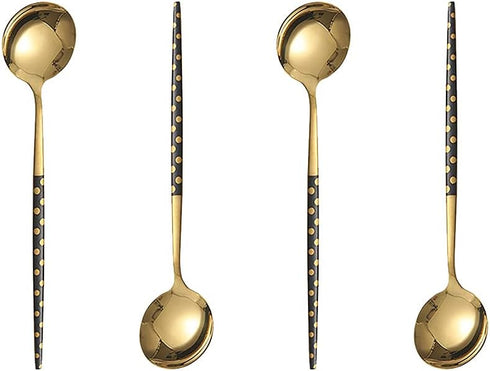 Set of 4 Stainless Steel Soup Spoons, Korean Dessert Spoons, Black Polka Dot Mixed Color, 8 Inches
