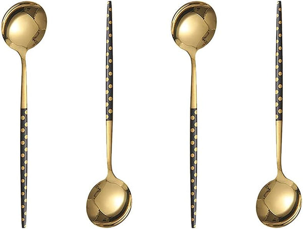 Set of 4 Stainless Steel Soup Spoons, Korean Dessert Spoons, Black Polka Dot Mixed Color, 8 Inches