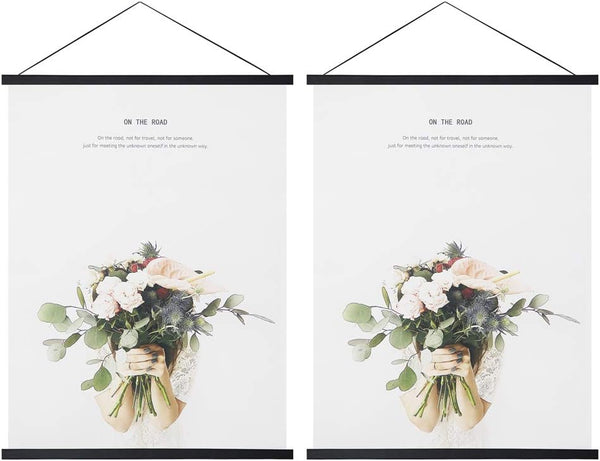 Miaowater 2 Pack Magnetic Poster Frame Hanger, 12x16 to 12x24 Light Wood Wooden Magnet Frames for Wall Hanging, Black