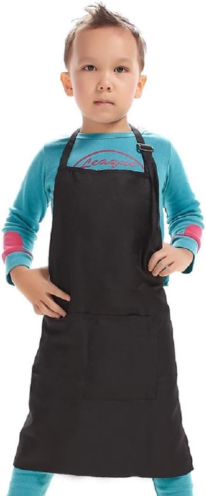 Adjustable Kid Apron with 2 Pockets for Painting, Cooking, Crafting, Unisex Age 8-12 (Black)