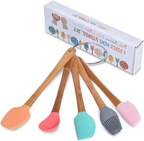 5 Piece Silicone Spatula Set, Mini Rubber Spatula with Wooden Handle, Heat Resistant Kitchen Utensils for Baking