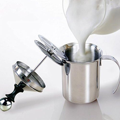 Manual Milk Creamer Frother, Stainless Steel Hand Pump Double Mesh Blender for Coffee Foamer, 400ML