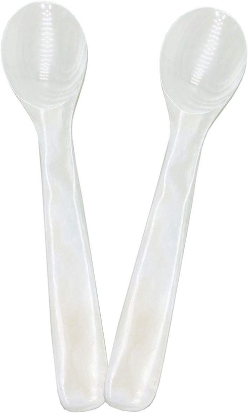 2 Pack 4.73inch Handcraft Mother of Pearl Caviar Spoons with Round Handle and Plastic Storage Box - White, Style D