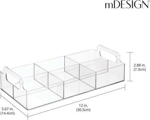 mDesign Compact Plastic Tea Storage Organizer Caddy - 6 Divided Sections with Built-in Handles - Clear Lumiere