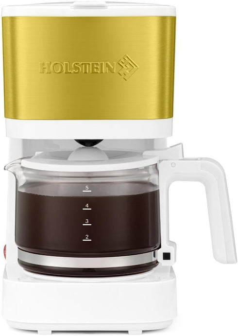 Holstein Housewares 5-Cup Coffee Maker, Pause N Serve, One-Touch Operation, Non-Stick Warming Plate, White and Gold