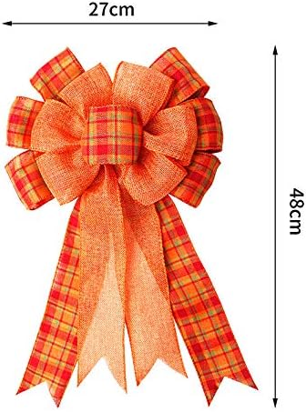 Iceyyyy Extra Large Fall Wreath Gift Bow - 18.8x10.6inch Orange Buffalo Plaid Check Wreath Bow for Fall, Thanksgiving,