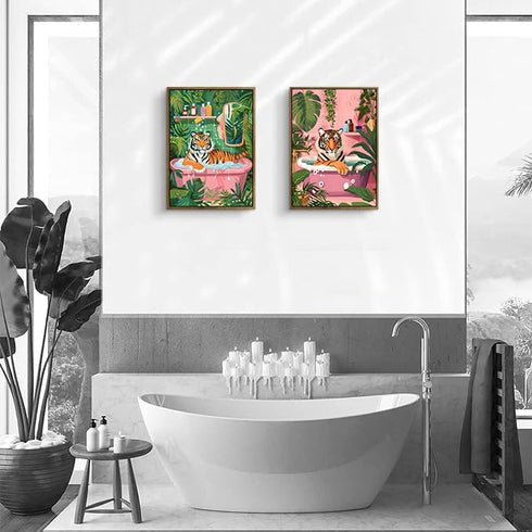 ARTZIO Animals In Bathtub Abstract Wall Art, Jungle Tiger Bathroom Decor, Set of 2 12x16in Ready to Hang