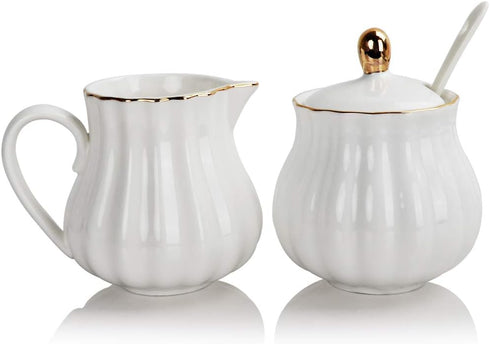 Sweejar Royal Ceramic Sugar and Creamer Set, 3 Piece Set with Cream Pitcher, Sugar Bowl, Lid & Spoon, White