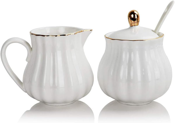 Sweejar Royal Ceramic Sugar and Creamer Set, 3 Piece Set with Cream Pitcher, Sugar Bowl, Lid & Spoon, White
