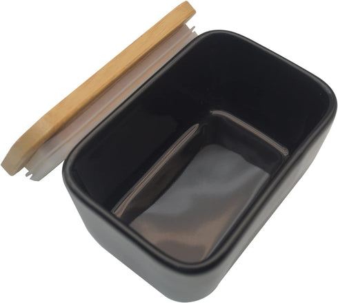 Butter Dish with Lid - Porcelain Keeper with Wood Cover for Easy Clean Butter Storage Container