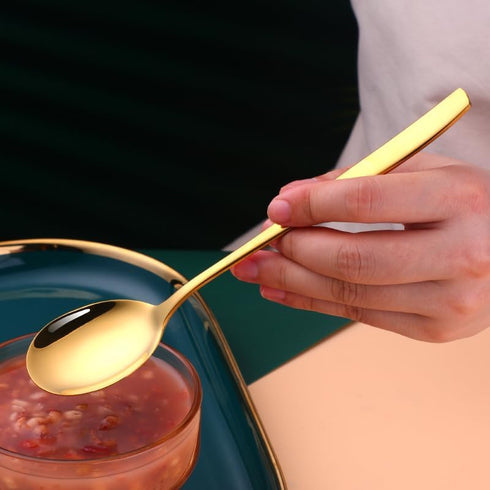 Metal Round Spoons, 8 Inch Stainless Steel Reusable Long Handle Korean Soup Spoons, Set of 8 Dinner Dessert Spoons