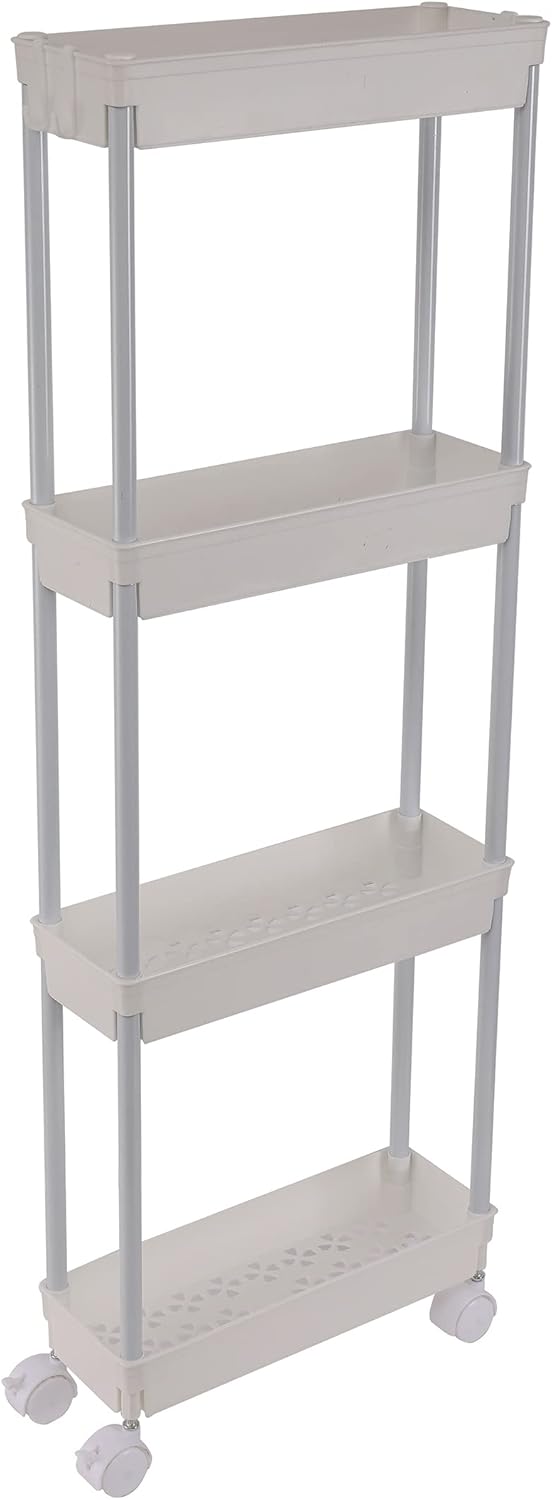 Sooyee 4 Tier Slim Storage Cart, Mobile Shelving Unit Organizer for Kitchen, Bathroom, Laundry, White Plastic & Steel