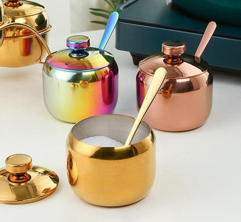123Arts Stainless Steel Sugar Bowl with Lid and Spoon, Sugar Container for Coffee, Salt, Spices