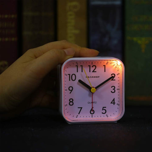 Peakeep Small Battery Operated Analog Travel Alarm Clock, Silent No Ticking with Lighted on Demand and Snooze