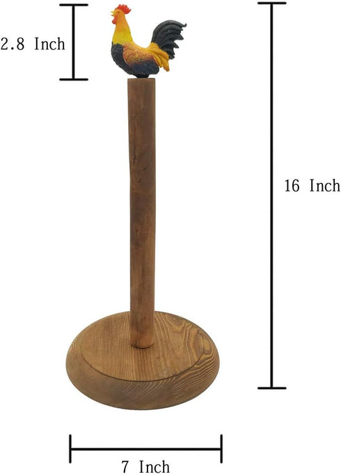 Rooster Design Rustic Brown Wood Paper Towel Holder Stand Up Paper Towel Holder, Easy One-Handed Tear Kitchen Paper