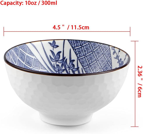Japanese Style Ceramic Rice Bowls 10 oz, Assorted Dinnerware Serving Bowls for Cereal, Soup, Dessert, Snack, Pack of 6