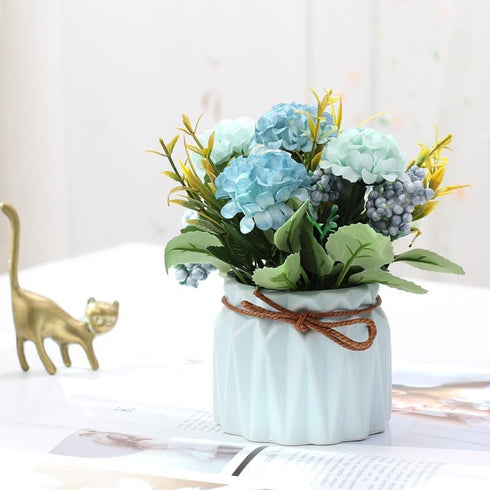 Fake Hydrangeas with Pot, Mini Hydrangea Artificial Flowers, Artificial Plant in Ceramic Vase for Office Desktop