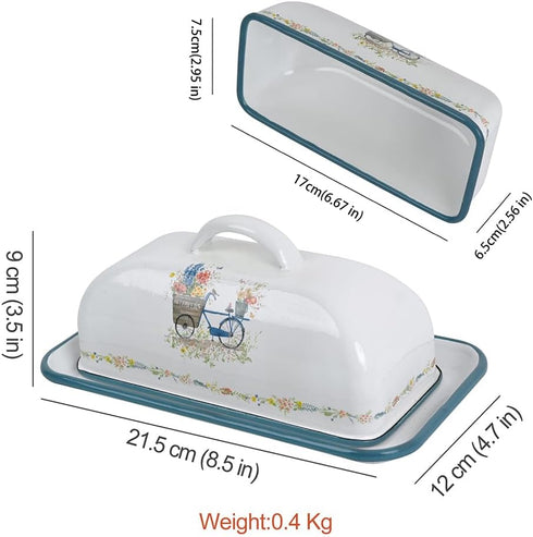 Countertop Enamel Butter Dish with Lid Vintage Enamelware Butter Keeper with Flower and Bird Patterns Farmhouse Butter
