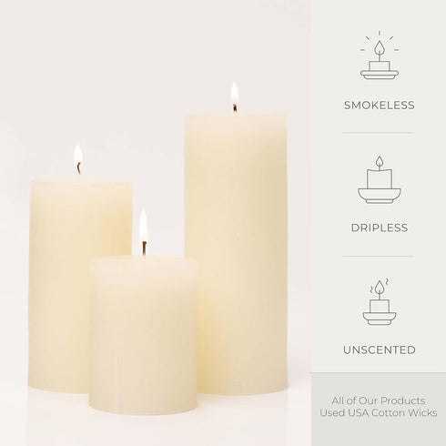 BASK Mottled Pillar Candles, Unscented Ivory Set of 3, Dripless, Smokeless for All Occasions