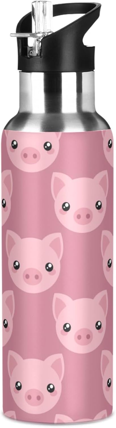 ZZKKO 32oz Stainless Steel Water Bottle with Straw, Cartoon Cute Pig Thermos for Kids