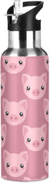 ZZKKO 32oz Stainless Steel Water Bottle with Straw, Cartoon Cute Pig Thermos for Kids