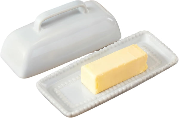 White Ceramic Butter Dish with Lid-Vintage Pearl Embossed Edge & Large Arc