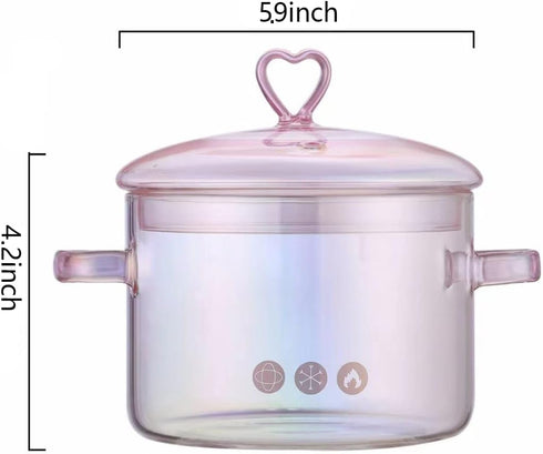Pink Glass Saucepan with Lid and Handle, 1.5L/50oz Glass Cooking Pot, Glass Cooking Saucepan Safe for Pasta Noodle, Soup, Milk, Baby Food by Fnoko