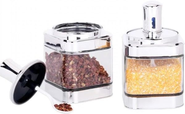Glass Condiment Spice Jars, 2PC Container with Lids and Spoons, Best Spice Jar Set for Home Kitchen