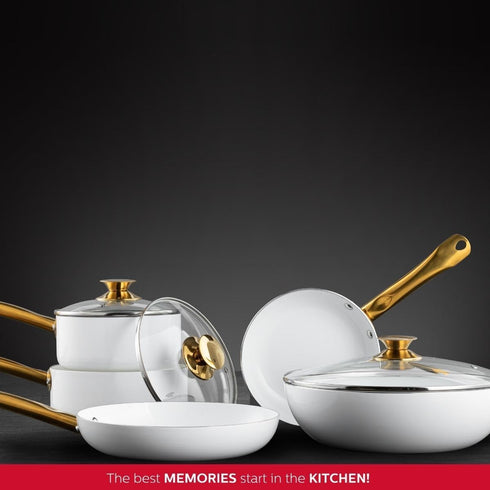 Holstein Housewares 2.5QT White Ceramic Nonstick Saucepan with Lid, Gold Color & Stainless Steel Handle