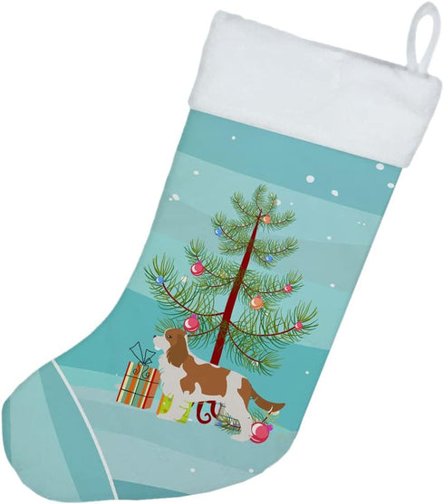 Caroline's Treasures BB2967CS Cavalier King Charles Spaniel Merry Christmas Tree Stocking, Teal Hanging Decor