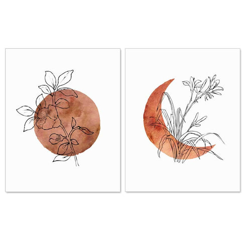 Terracotta Sun and Moon Print - Set of 2 Minimal Wall Art - 8x10 inch Flower Line Print, Boho Decor
