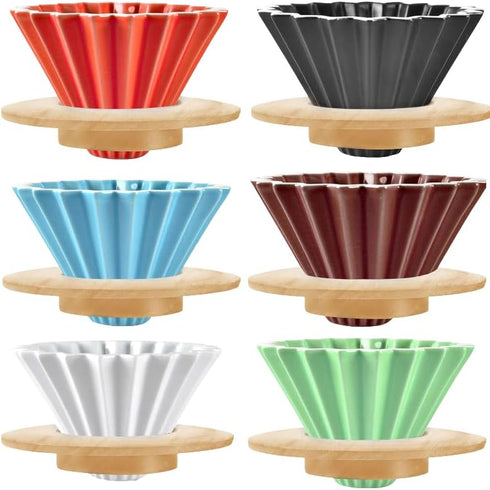 Ceramic Coffee Dripper, Pour Over Coffee Maker with Wood Stand, Elegant Flower Shape V60 Filter (blue)