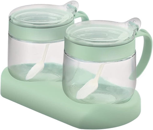 NAN Wind Glass Seasoning Box Set - 12oz/350ml Condiment Set with Lids and Spoon, Clear Glass for Kitchen Counter