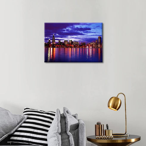 Chicago Cityscape at Night Wall Art Painting on Canvas, Modern Urban Building Panorama for Living Room