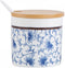123Arts Ceramic Sugar Bowl, Retro Blue and White Storage Jar with Wooden Lid and Spoon