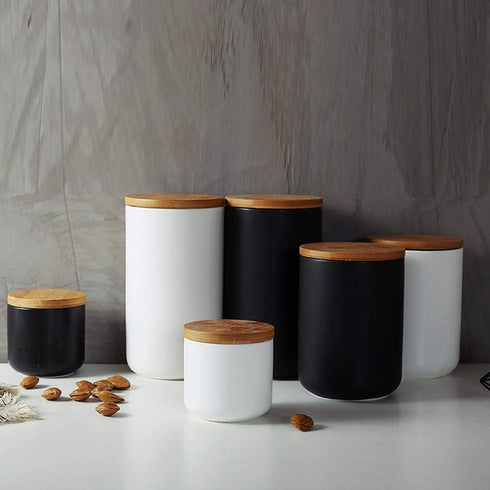 jessie Ceramic Storage Containers with Airtight Seal - Bamboo Lids Kitchen Canisters for Tea, Spice, Sugar, Coffee