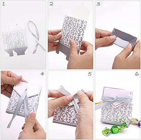 KUPOO 50PCS Candy Boxes - Silver Ribbon Wedding Favor Boxes for Party Decoration, Easter